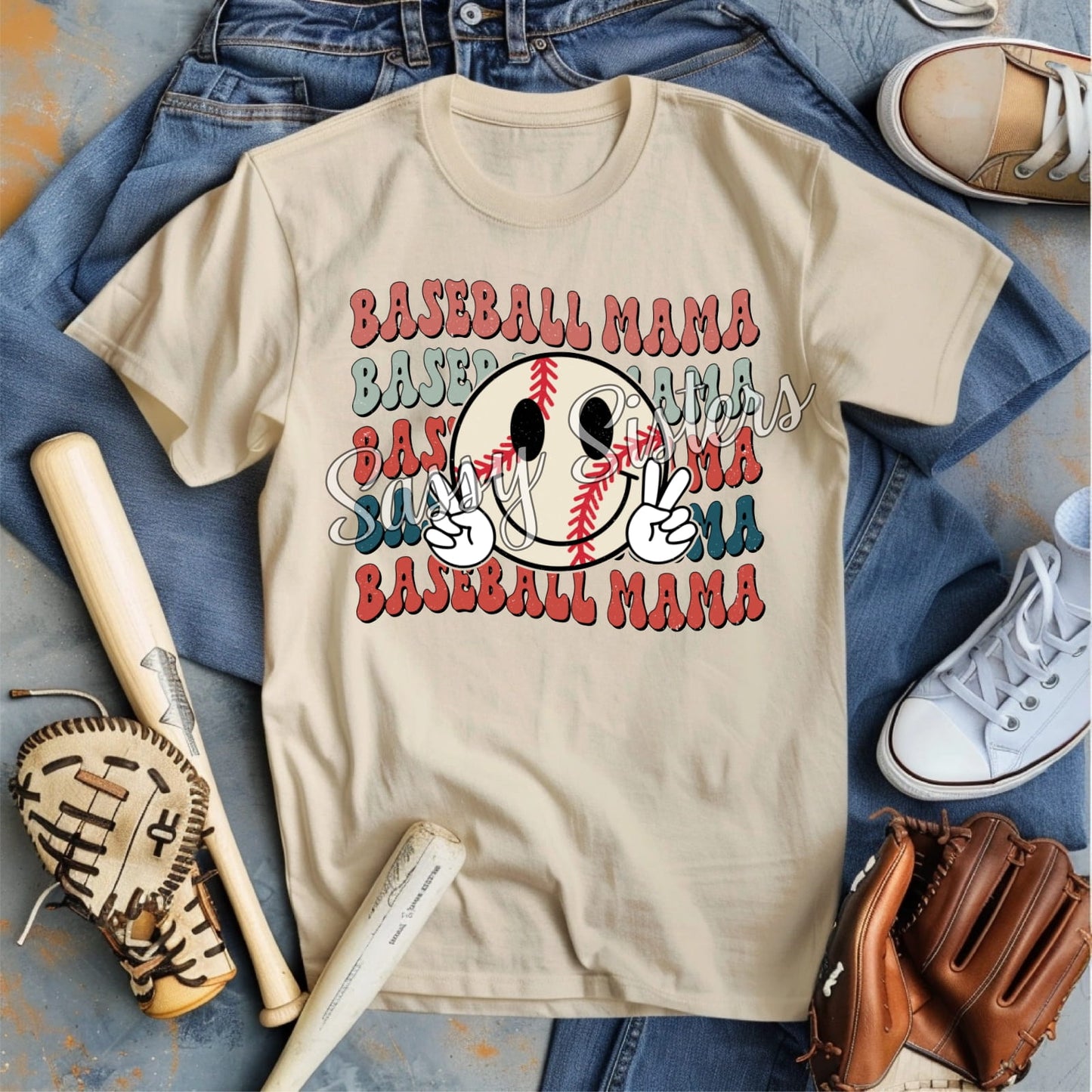 BASEBALL MAMA RETRO WAVE SMILEY - TRANSFER