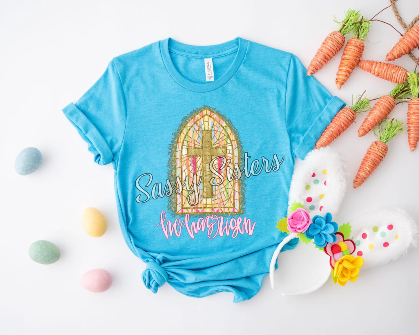 HE HAS RISEN STAINED GLASS WINDOW CROSS - TRANSFER