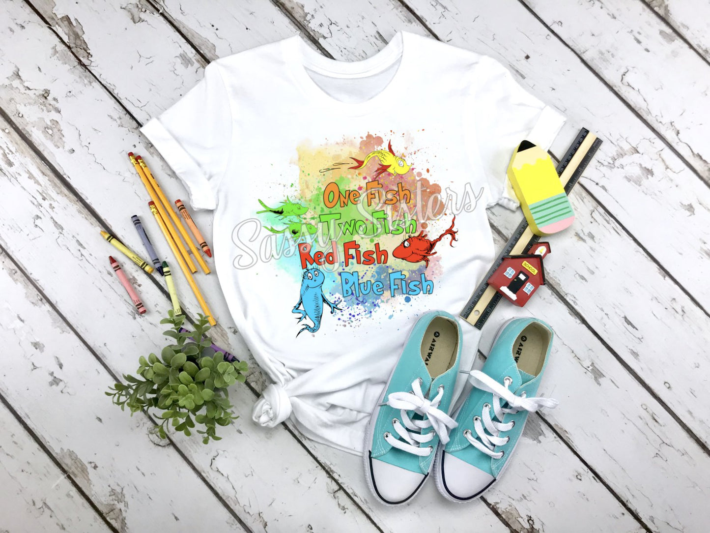 ONE FISH TWO FISH RED FISH BLUE FISH WATERCOLOR - TRANSFER