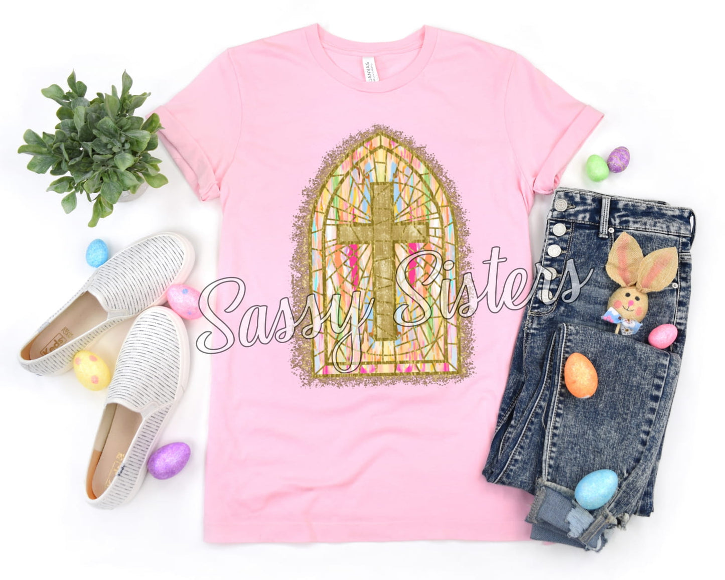 STAINED GLASS WINDOW CROSS NO WORDS - TRANSFER