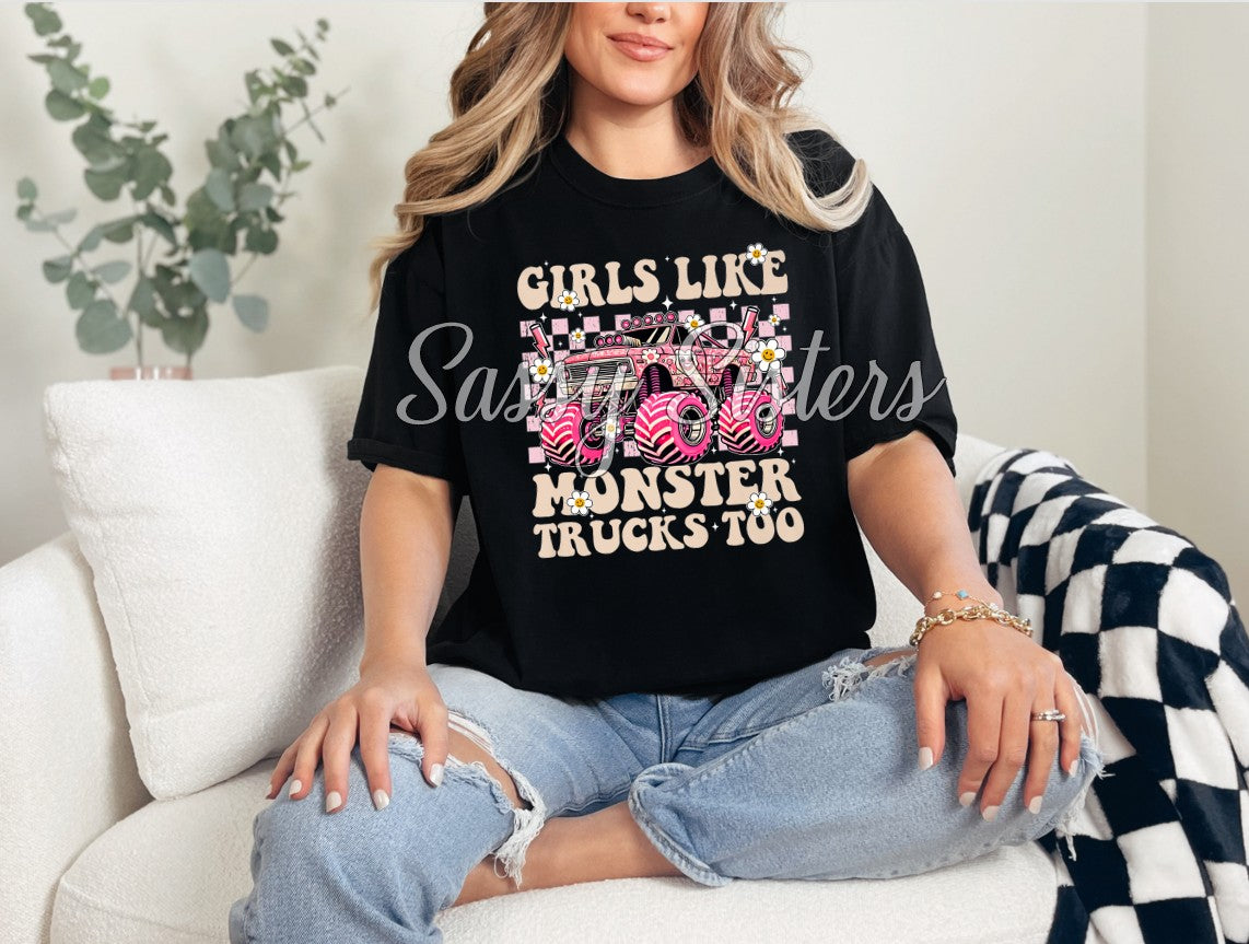 GIRLS LOVE MONSTER TRUCKS TOO CHECKERED