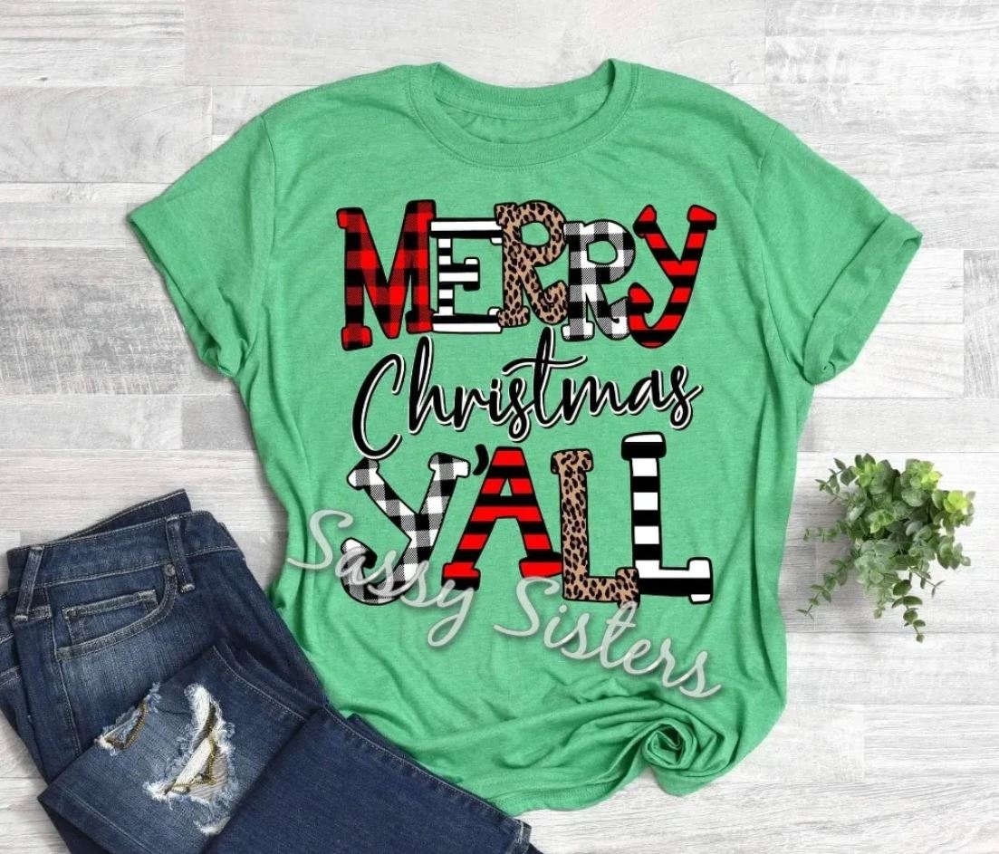 MERRY CHRISTMAS YALL PATTERN STRIPPED - TRANSFER