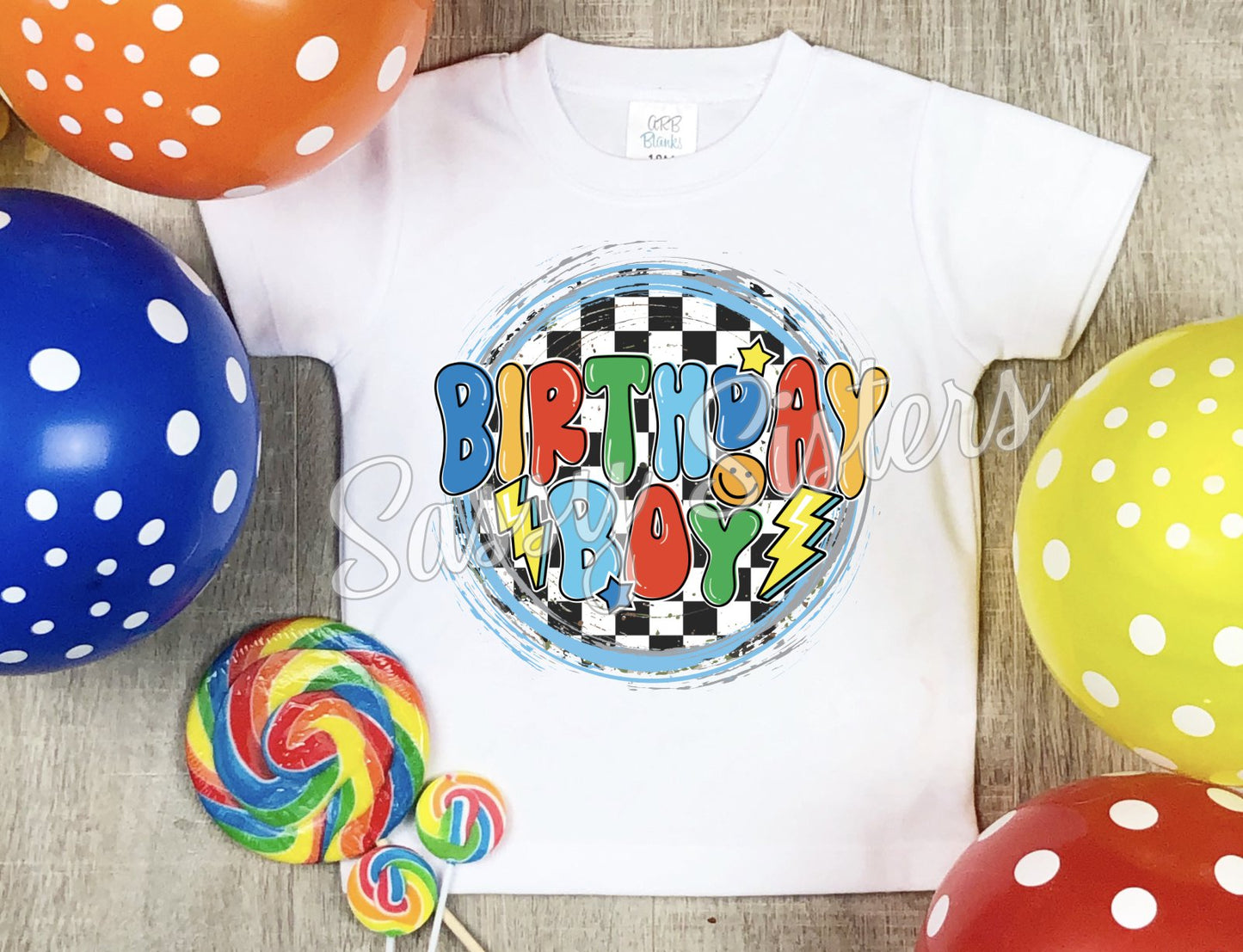 BIRTHDAY BOY RETRO CHECKERED CIRCLE - TRANSFER