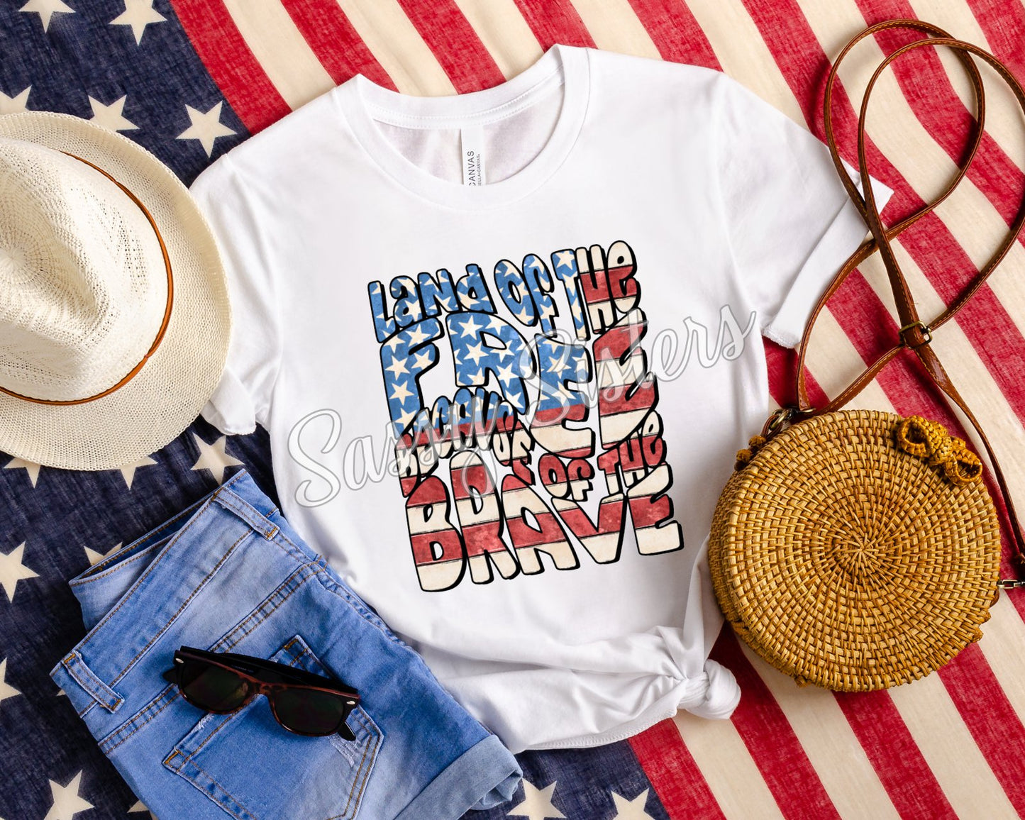 LAND OF THE FREE BECAUSE OF THE BRAVE WAVY FLAG - TRANSFER