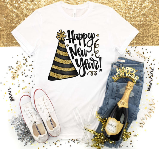HAPPY NEW YEAR BLACK AND GOLD PARTY HAT - TRANSFER
